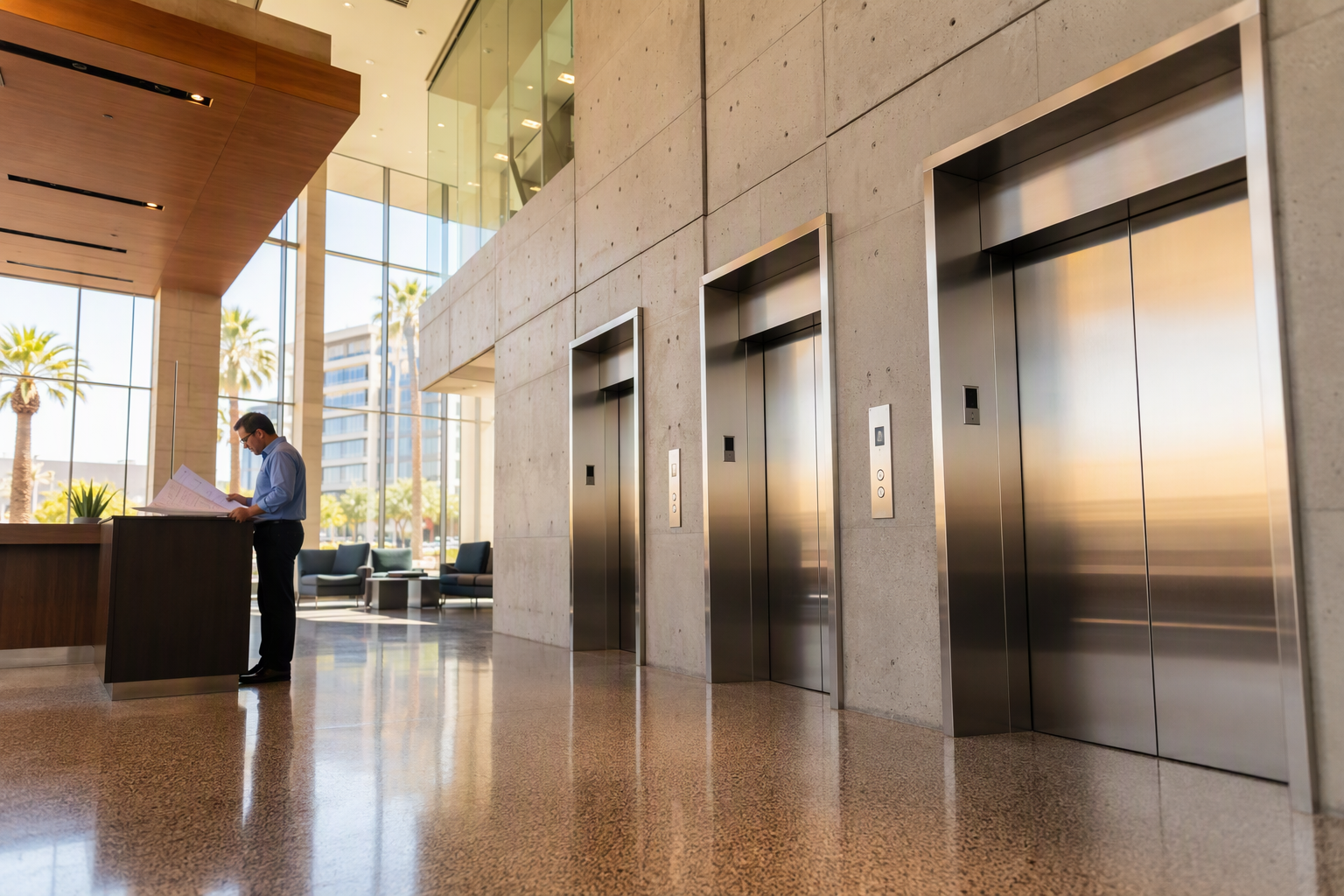 Bank of three commercial elevator doors in a Phoenix Arizona office building lobby, illustrating how many elevators a multi-story commercial building typically requires.