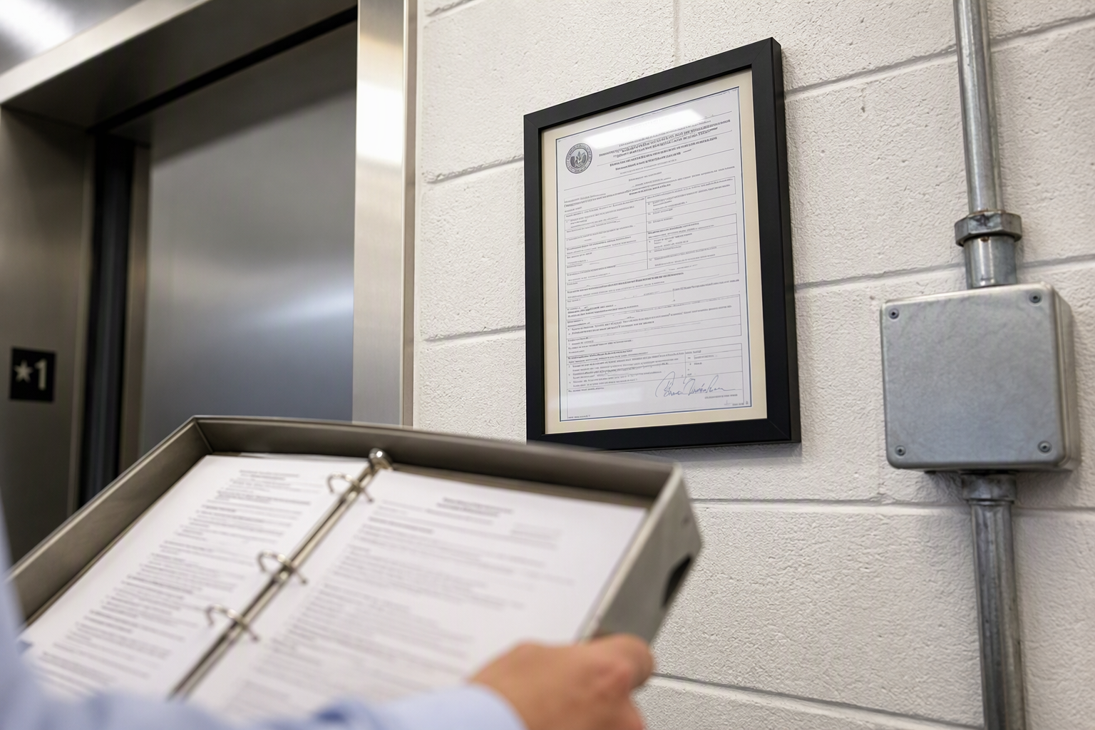 Elevator inspection certificate on a wall in an Arizona commercial building, representing state ICA and ADA code compliance requirements for healthcare elevator installations.