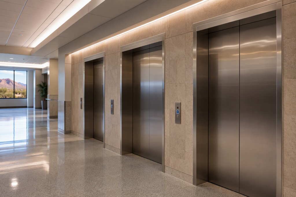 Three stainless-steel elevator doors in a modern Arizona healthcare facility corridor, illustrating how many elevators a hospital building may require by code.