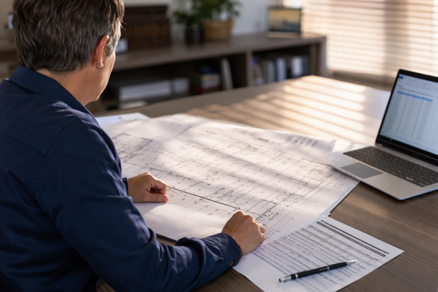 Facility manager reviewing hospital floor plans and occupancy load calculations to determine the required number and capacity of elevators by building code.