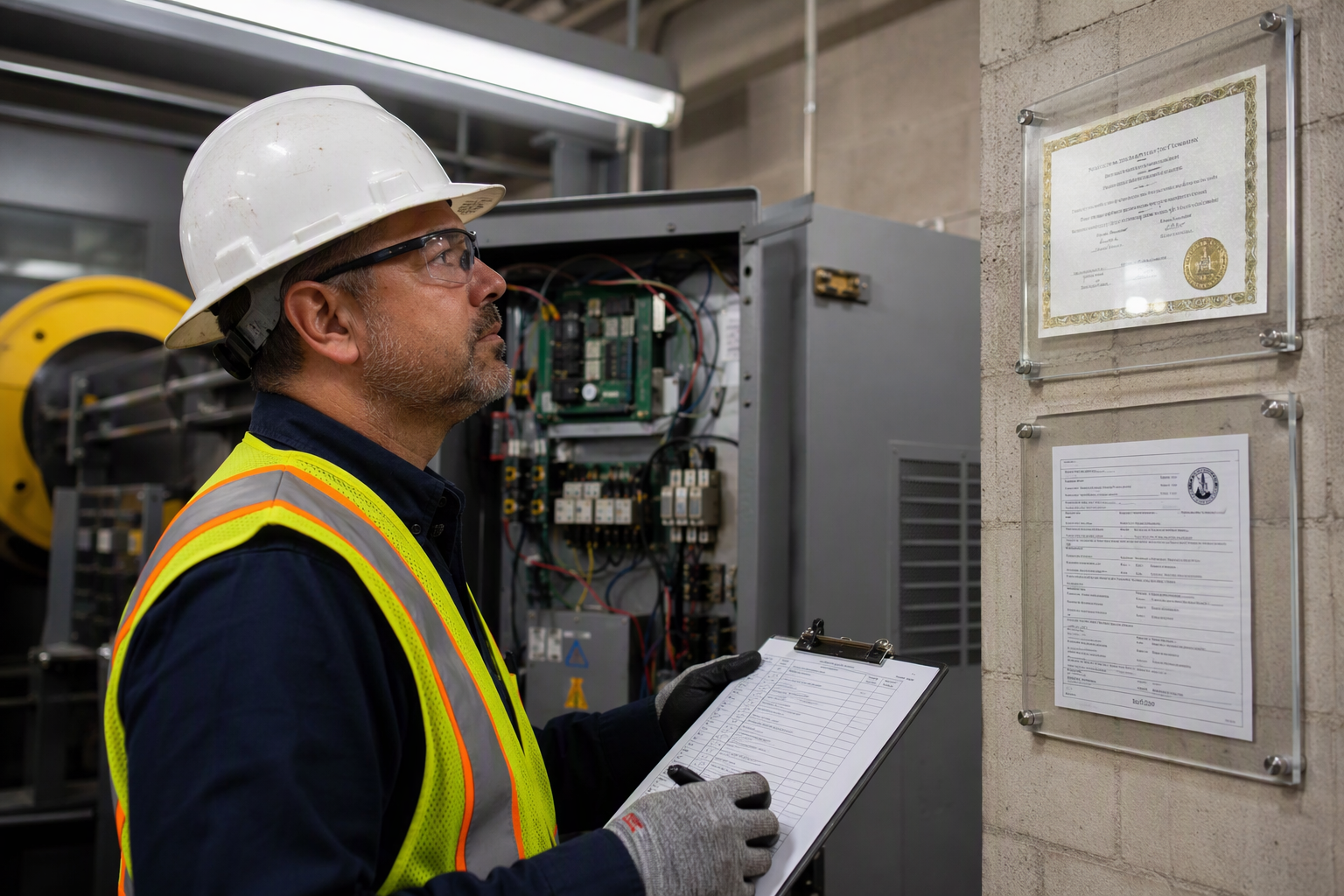 Elevator inspector verifying Arizona ROC contractor license and ICA inspection credentials in a Mesa Arizona elevator machine room