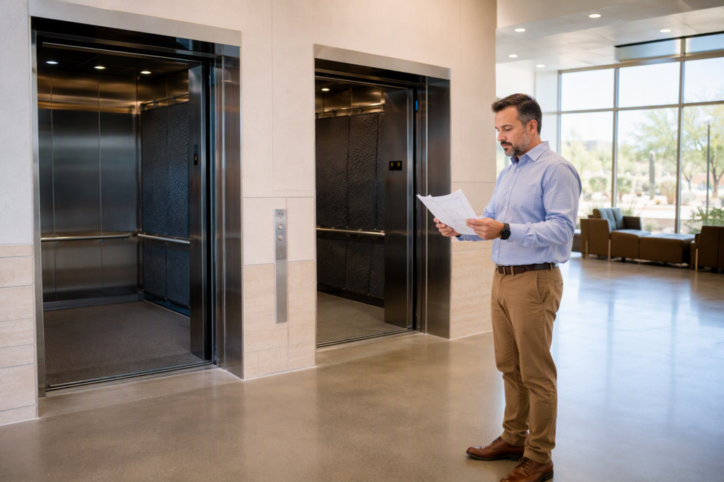Facilities manager reviewing elevator maintenance contract documents in a Phoenix Arizona hospital lobby before signing with an elevator service company