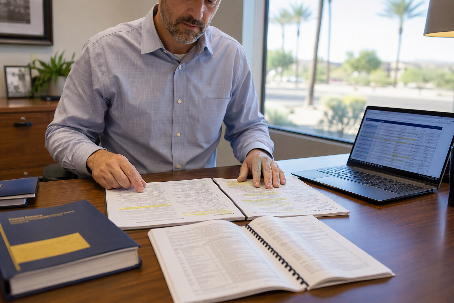 Building manager comparing two elevator maintenance contracts side by side at a desk in a Phoenix Arizona office, reviewing ASME code compliance requirements