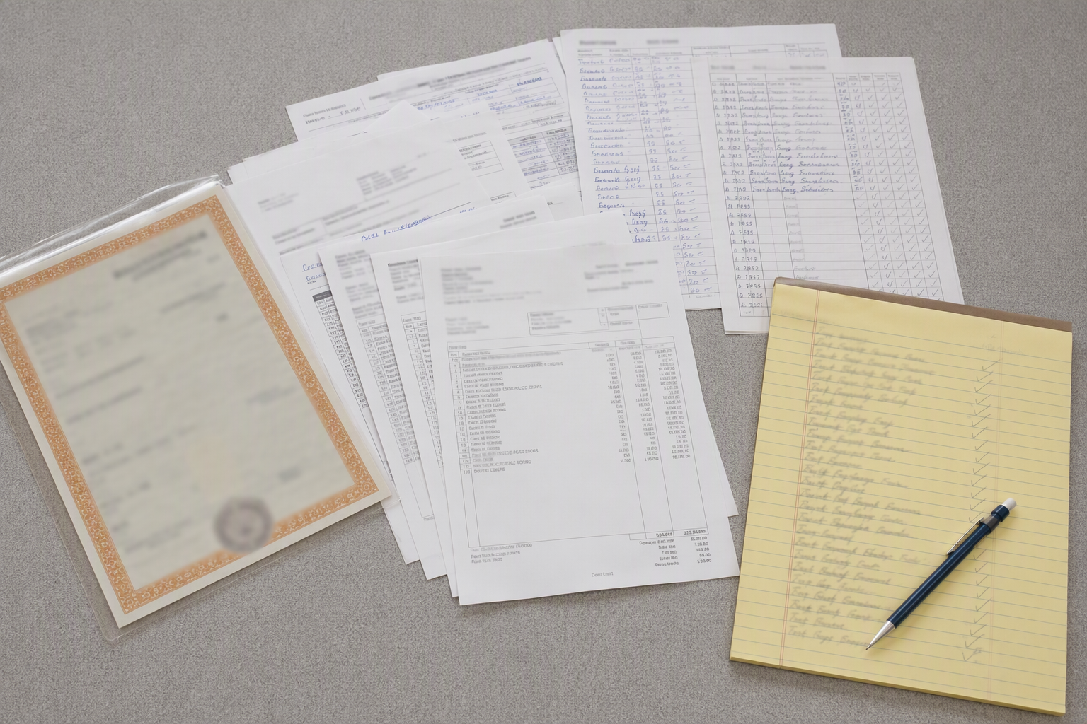 Flat-lay of Arizona elevator inspection certificates, service history logs, and repair invoices required when switching elevator maintenance contractors without losing records