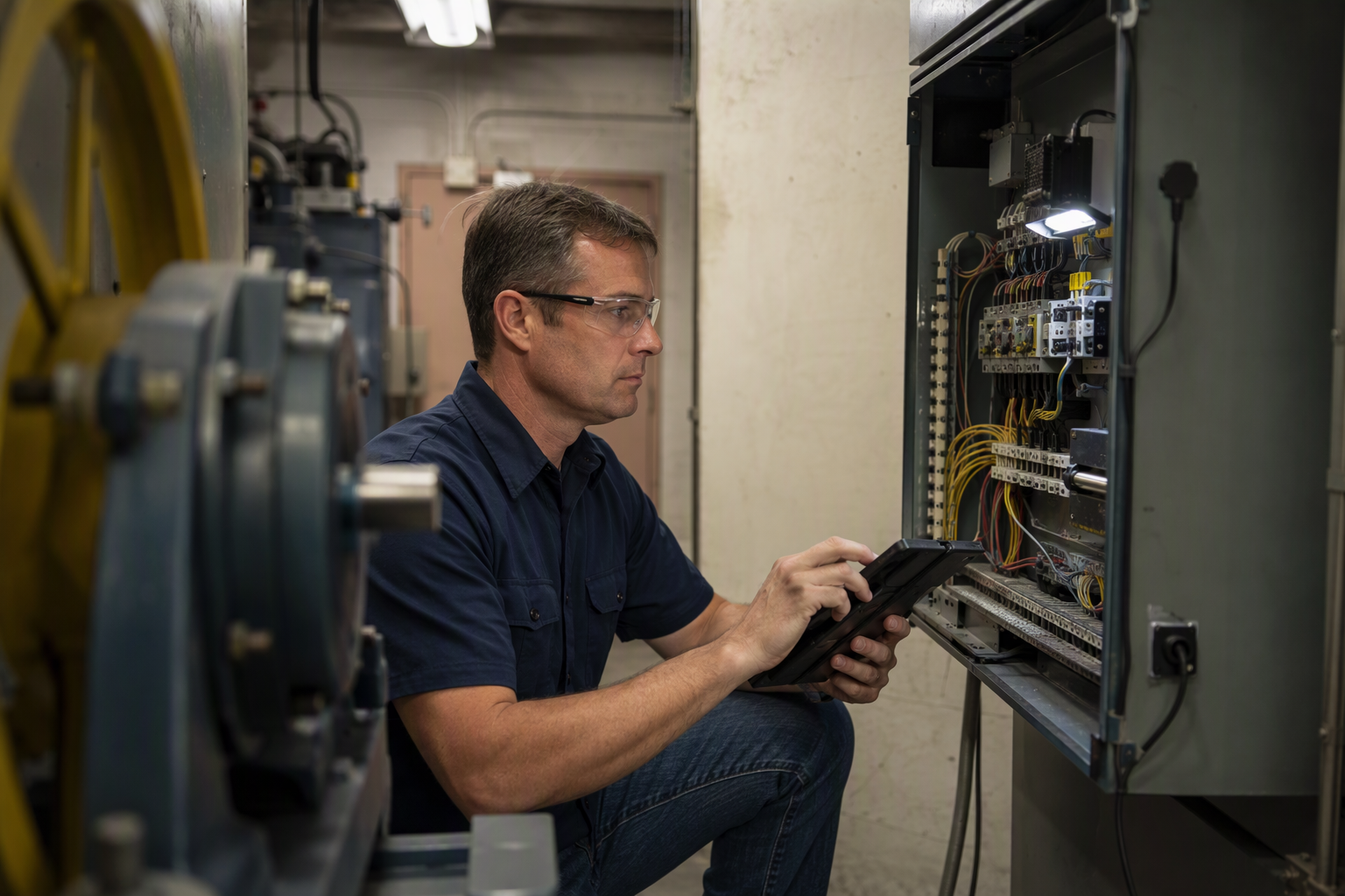 Licensed elevator mechanic performing onboarding inspection of controller panel in a Scottsdale AZ machine room when switching elevator maintenance companies