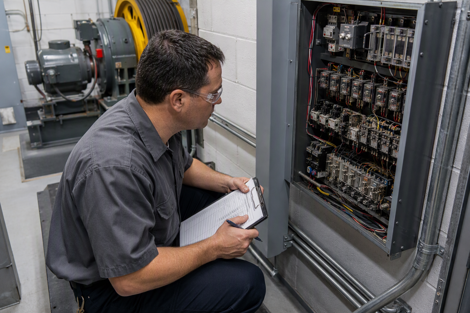 Machine Room Inspection During Vendor Evaluation Elevator maintenance technician inspecting machine room controller panel in Phoenix AZ commercial building, evaluating service quality before transferring elevator contract
