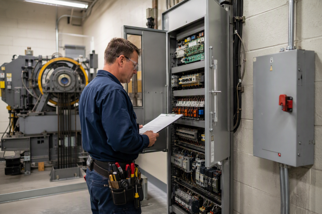 Elevator technician reviewing a preventative maintenance plan checklist at a traction elevator controller in a Phoenix AZ commercial building machine room