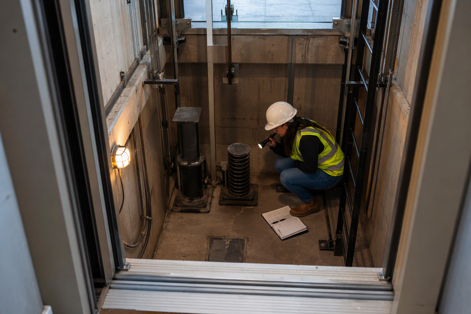 Elevator Pit Inspection During Scheduled PM Elevator technician inspecting a clean, dry pit and buffer assembly as part of a scheduled preventative maintenance plan visit in Mesa AZ