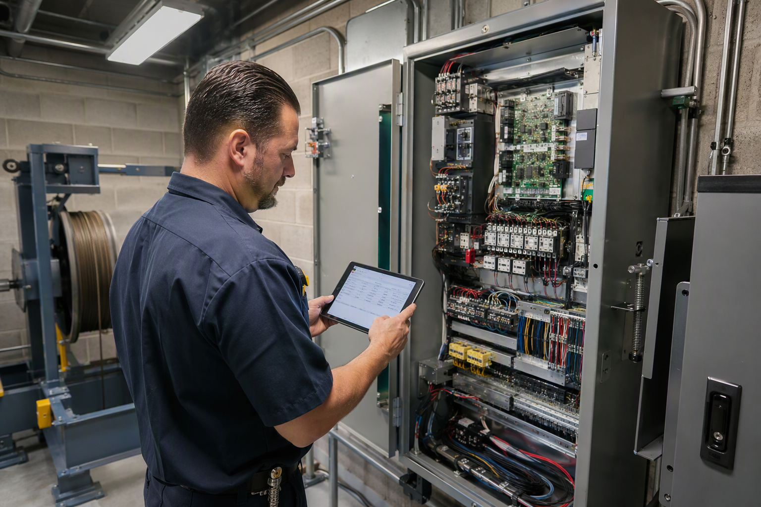 Licensed elevator technician reviewing fault-log data on a tablet in a Phoenix commercial machine room before issuing a diagnostic service charge estimate
