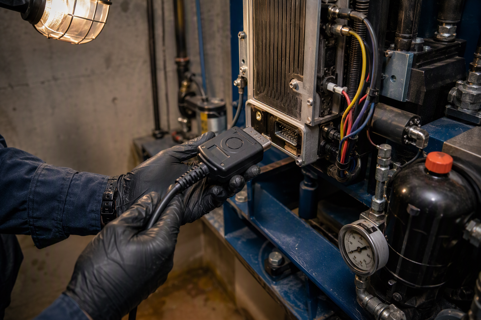 Technician connecting proprietary diagnostic cable to a hydraulic elevator drive unit in a Scottsdale AZ building pit, illustrating why a separate diagnostic fee is charged
