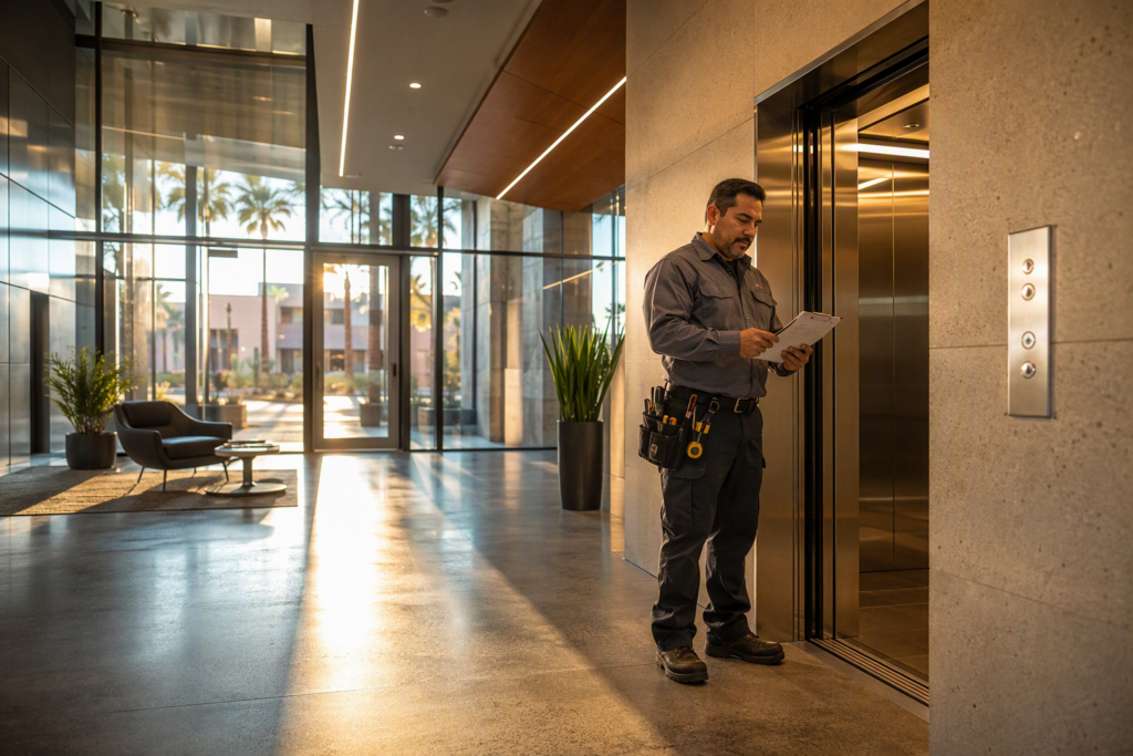 Elevator service technician reviewing a work order clipboard outside an open elevator cab in a Phoenix AZ commercial office building lobby