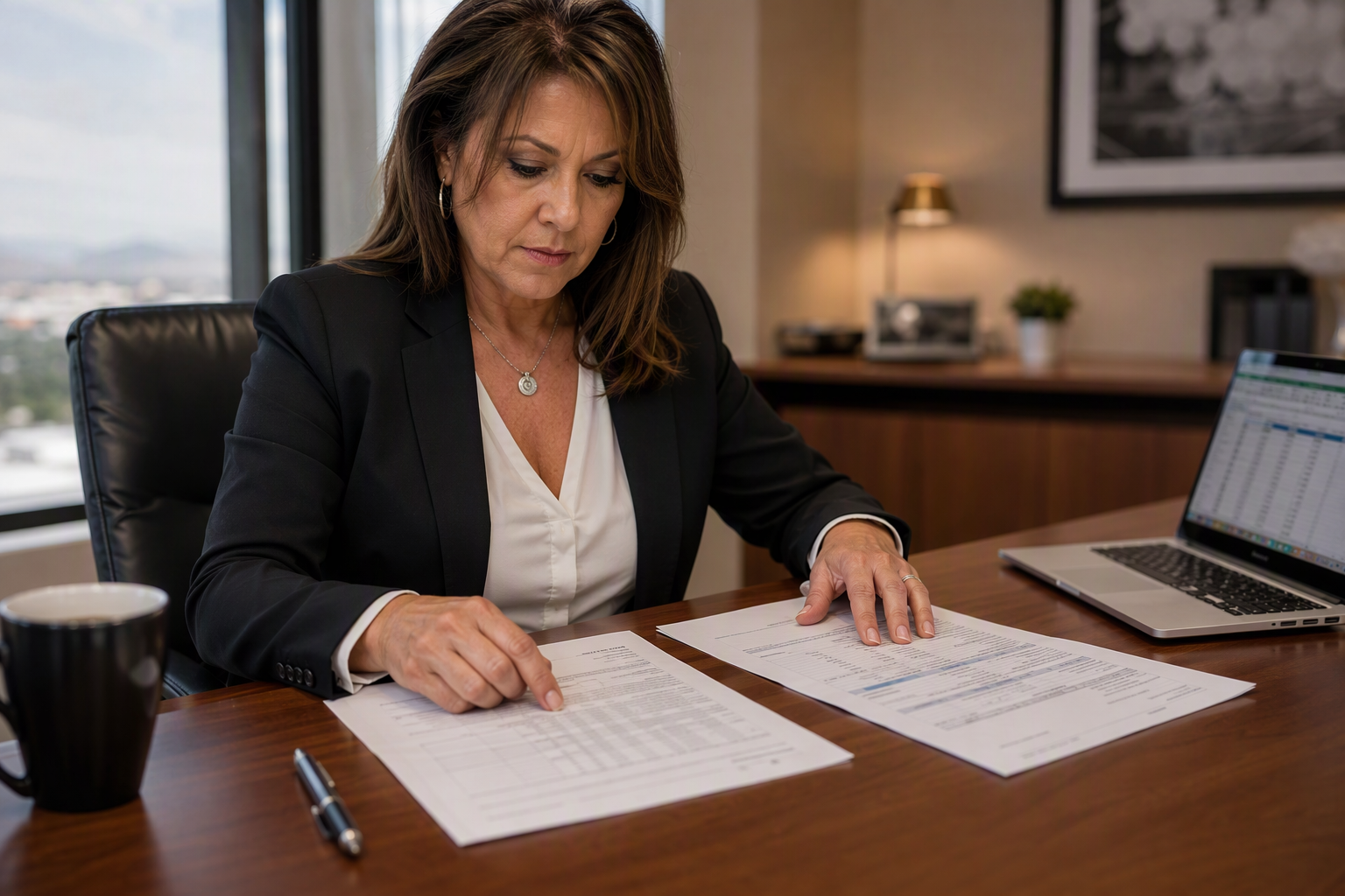 Property manager reviewing an elevator service call invoice and maintenance contract at a desk in a Scottsdale AZ office, comparing pricing line items