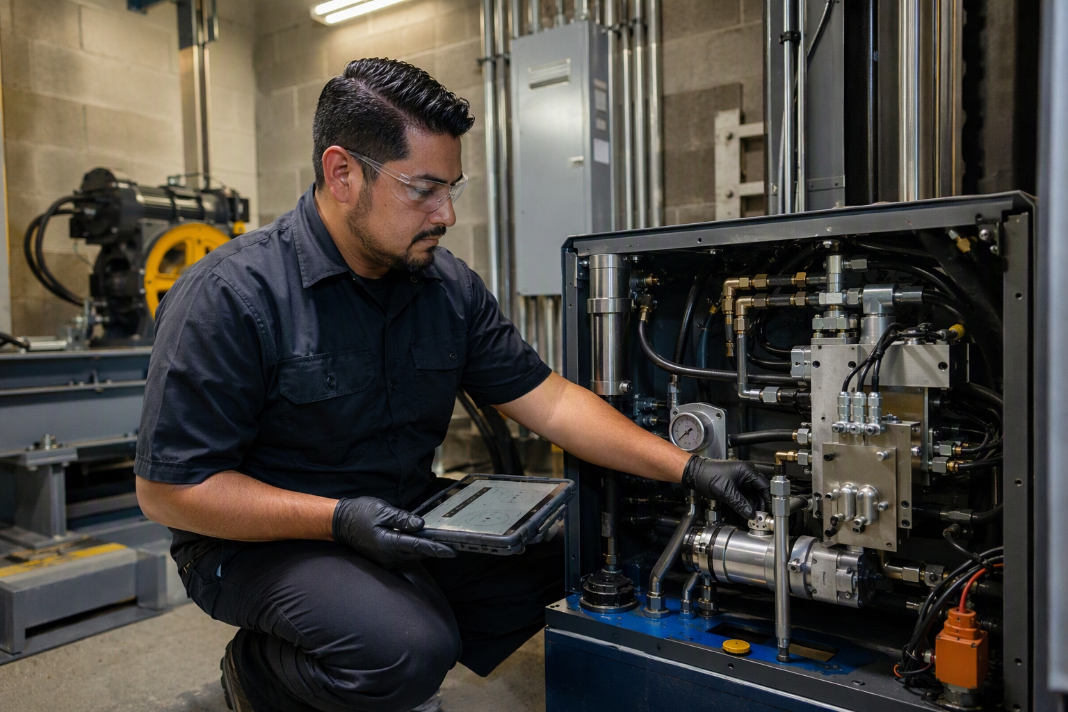 Elevator mechanic diagnosing a hydraulic power unit in a commercial building machine room in Tucson AZ, illustrating equipment-type cost factors for service calls