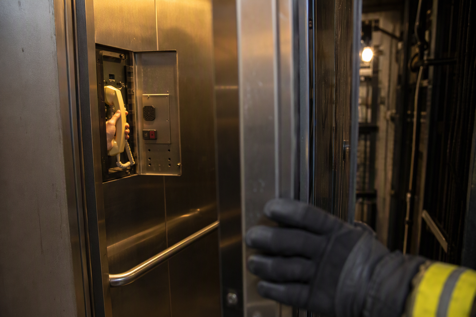 Trapped elevator passenger using the in-car emergency two-way communication device during a malfunction rescue in an Arizona commercial building