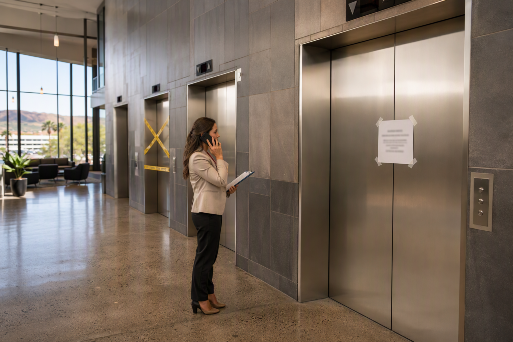 Property manager placing an elevator out of service in a Phoenix AZ office building lobby after a recurring malfunction trapping passengers