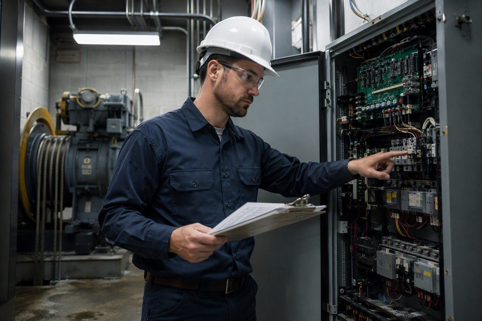 Licensed elevator contractor performing a root-cause diagnostic inspection of a malfunctioning elevator controller in an Arizona commercial building machine room