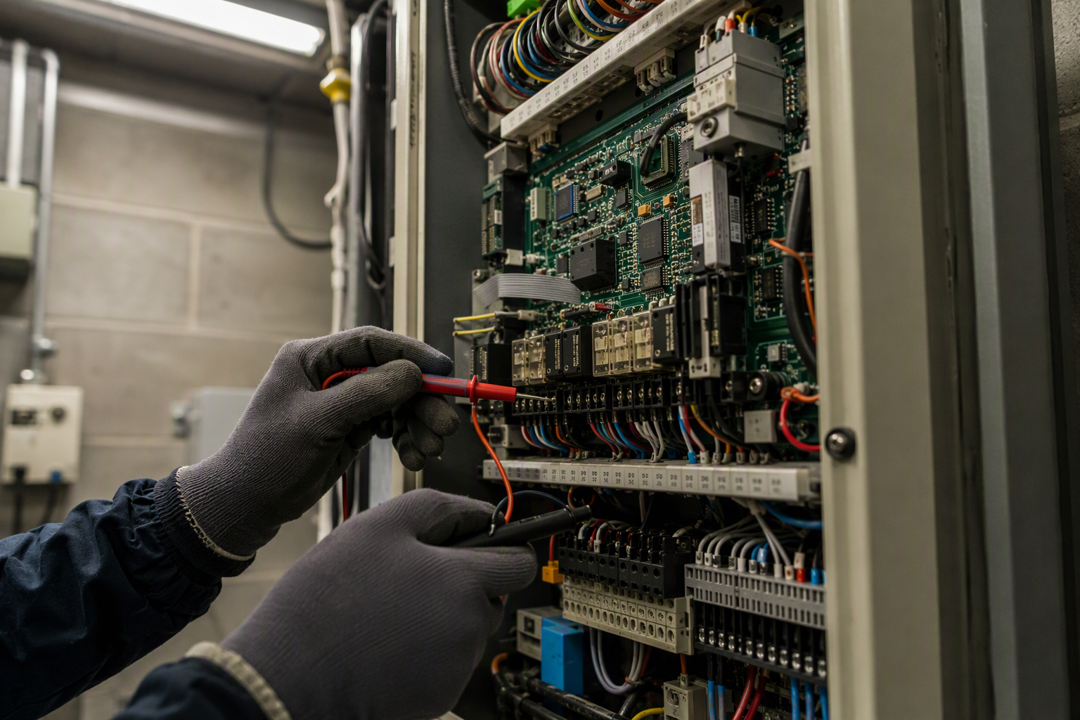 Elevator technician using a multimeter to diagnose a faulty control board relay inside a commercial elevator machine room, a common cause of elevator breakdowns
