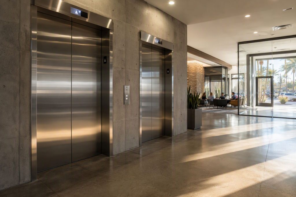 Commercial elevator bank in a Phoenix AZ office building lobby showing stainless steel doors and call panels — common site of elevator breakdowns in commercial buildings