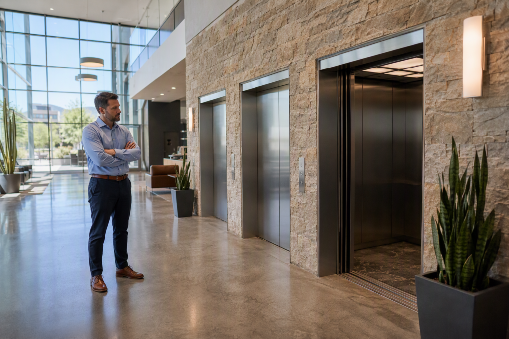 Commercial building lobby in Phoenix AZ with elevator doors open showing an out-of-service cab, illustrating common elevator breakdowns in commercial buildings