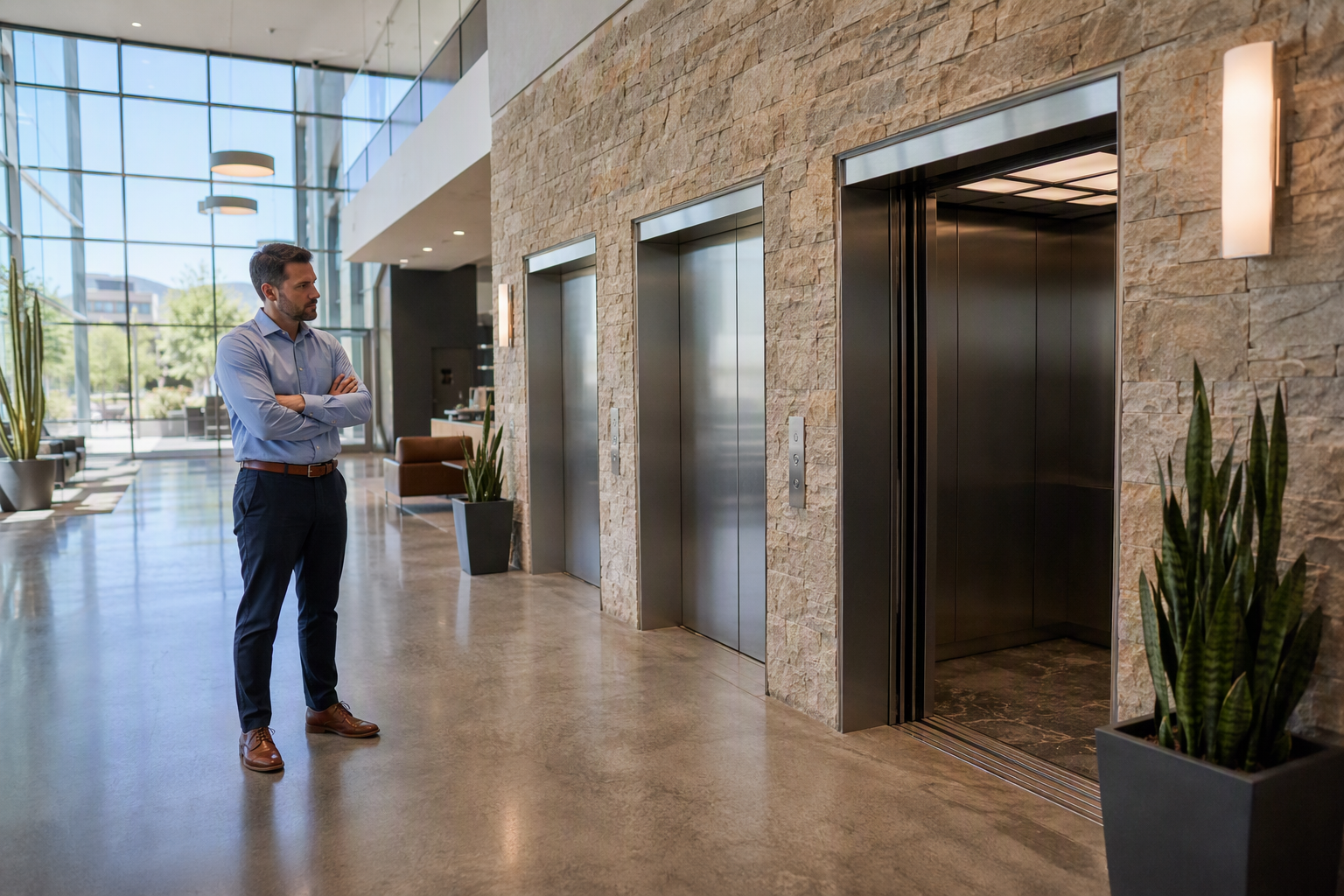 Commercial building lobby in Phoenix AZ with elevator doors open showing an out-of-service cab, illustrating common elevator breakdowns in commercial buildings