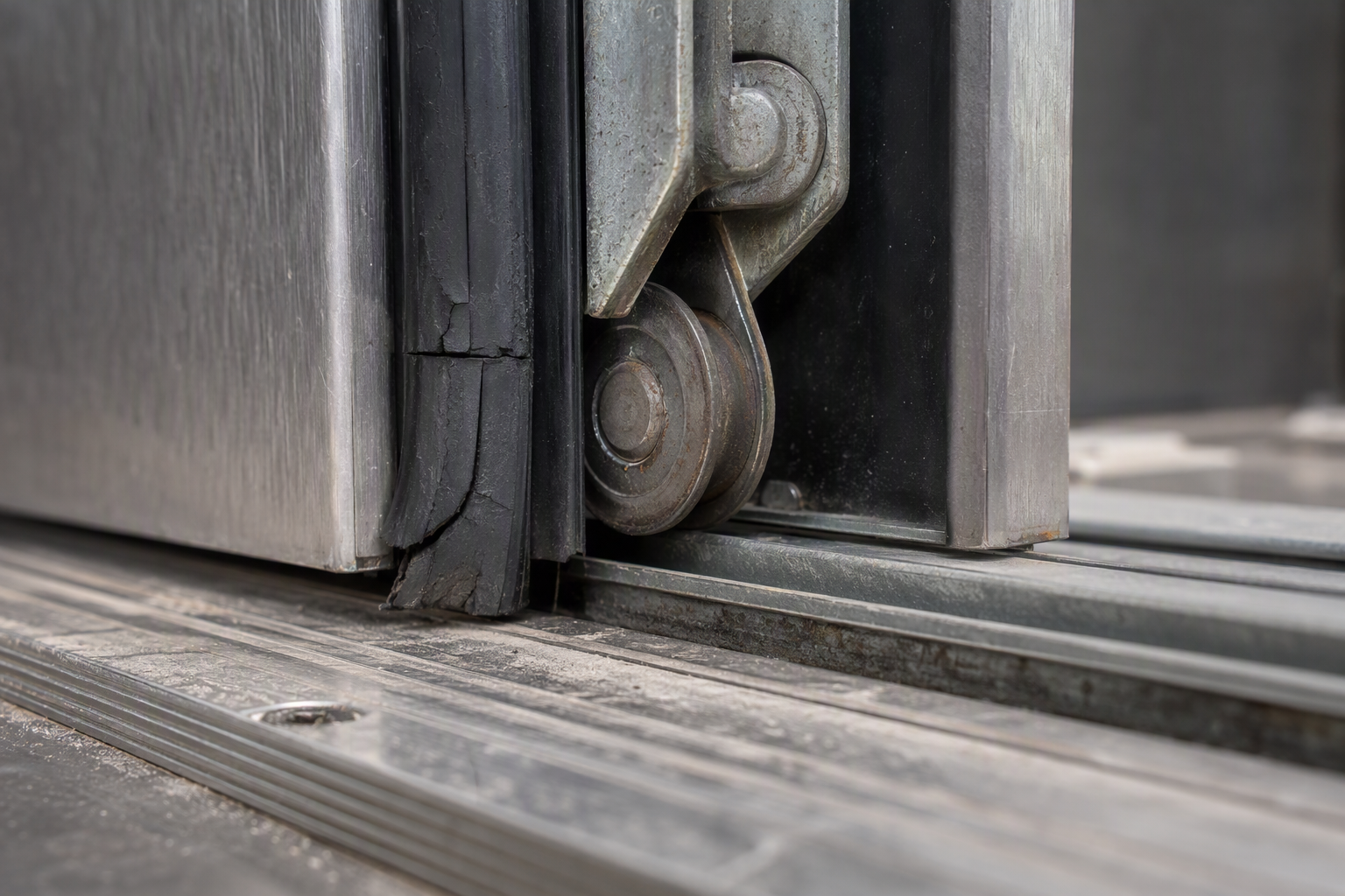 Worn elevator door roller, misaligned gib track, and cracked safety edge — the most common mechanical cause of commercial elevator breakdowns and service outages