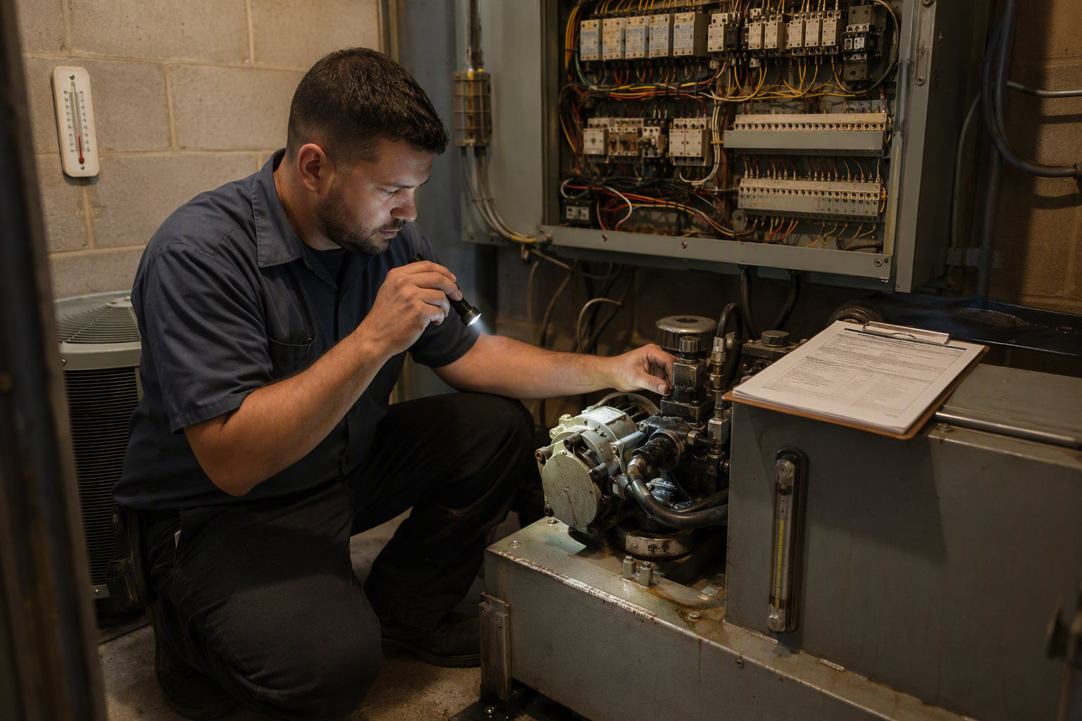 Elevator technician inspecting hydraulic power unit during preventive maintenance visit in a commercial building machine room in Arizona