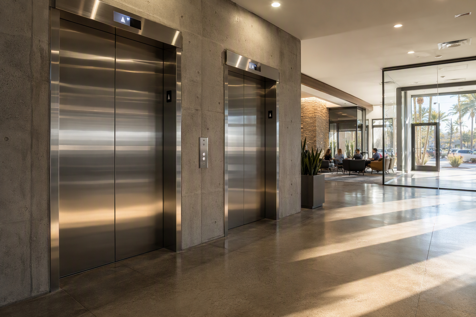 Commercial elevator bank in a Phoenix AZ office building lobby showing stainless steel doors and call panels — common site of elevator breakdowns in commercial buildings
