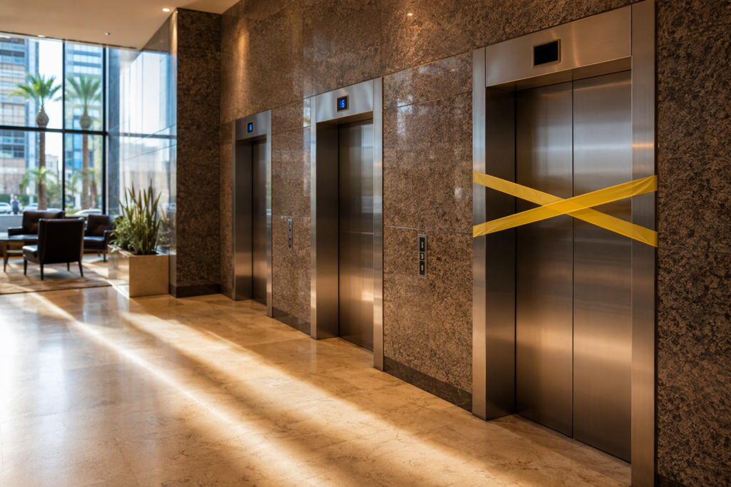 Commercial elevator bank in Phoenix AZ office building with one elevator marked out of service, illustrating unexpected elevator shutdown causes and repair responsibility