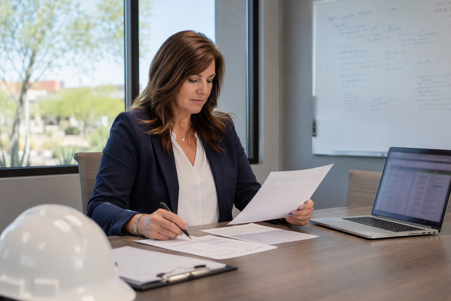 Building property manager in Scottsdale AZ reviewing elevator inspection certificate and emergency repair work order, illustrating owner responsibility for elevator safety under Arizona law