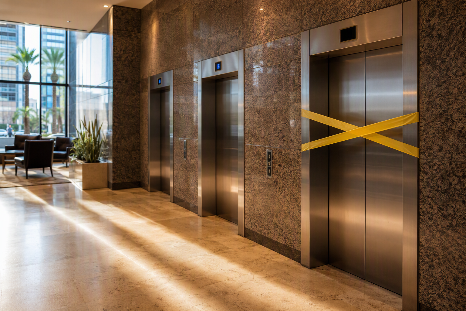 Commercial elevator bank in Phoenix AZ office building with one elevator marked out of service, illustrating unexpected elevator shutdown causes and repair responsibility
