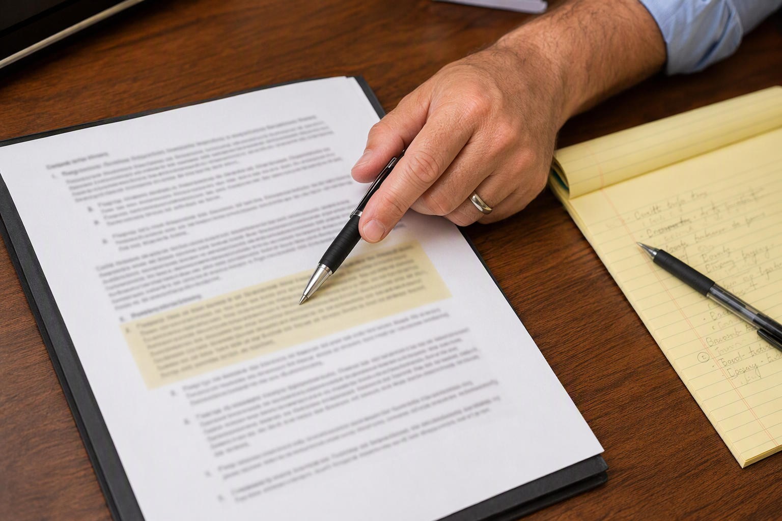 Close-up of a property manager pointing to after-hours billing clause in an elevator service contract defining standard hours and after-hours rate triggers