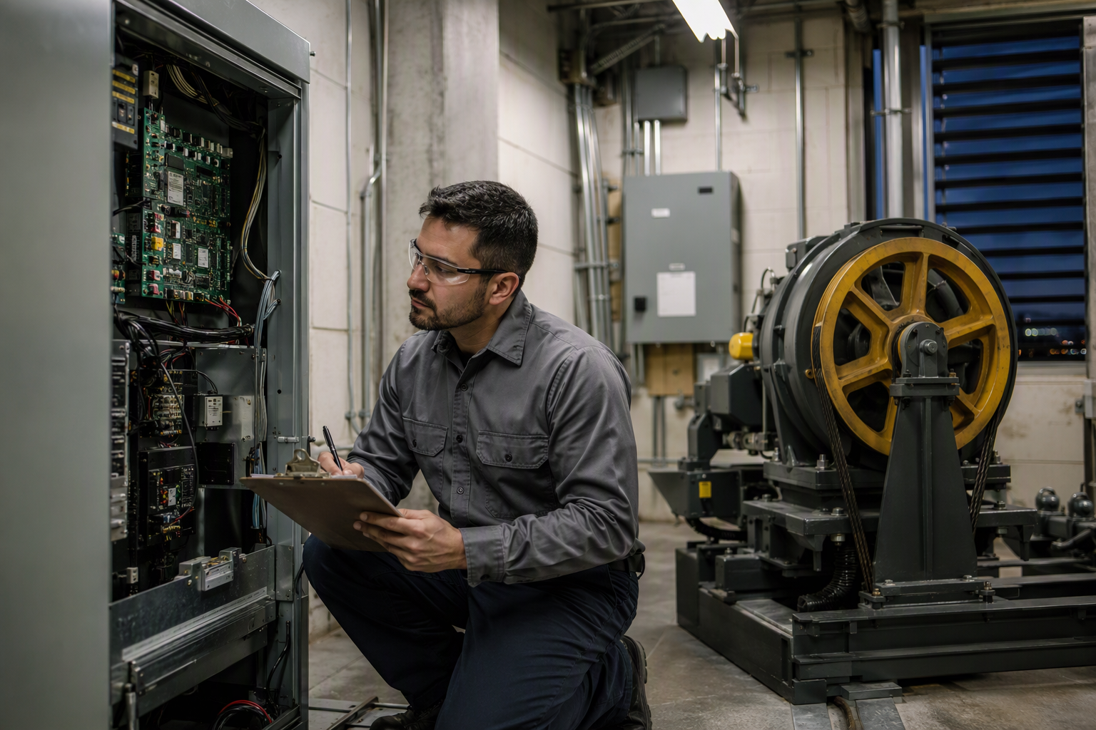 Elevator service technician reviewing work order in a Scottsdale AZ machine room during an after-hours follow-up visit caused by a missed daytime appointment